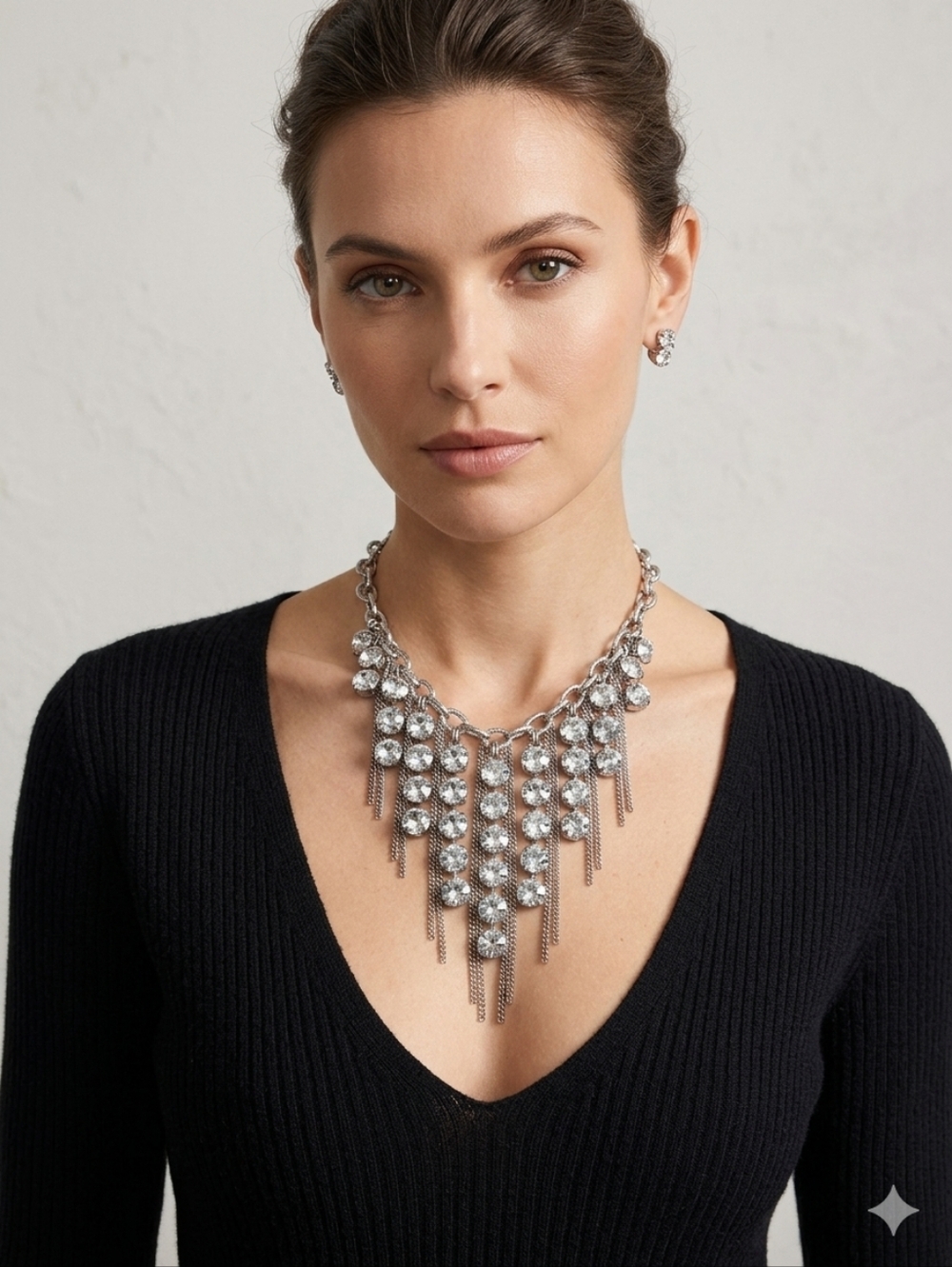Sparkling Silver Fringe Bib Statement Necklace | Crystal Rhinestone Tassel